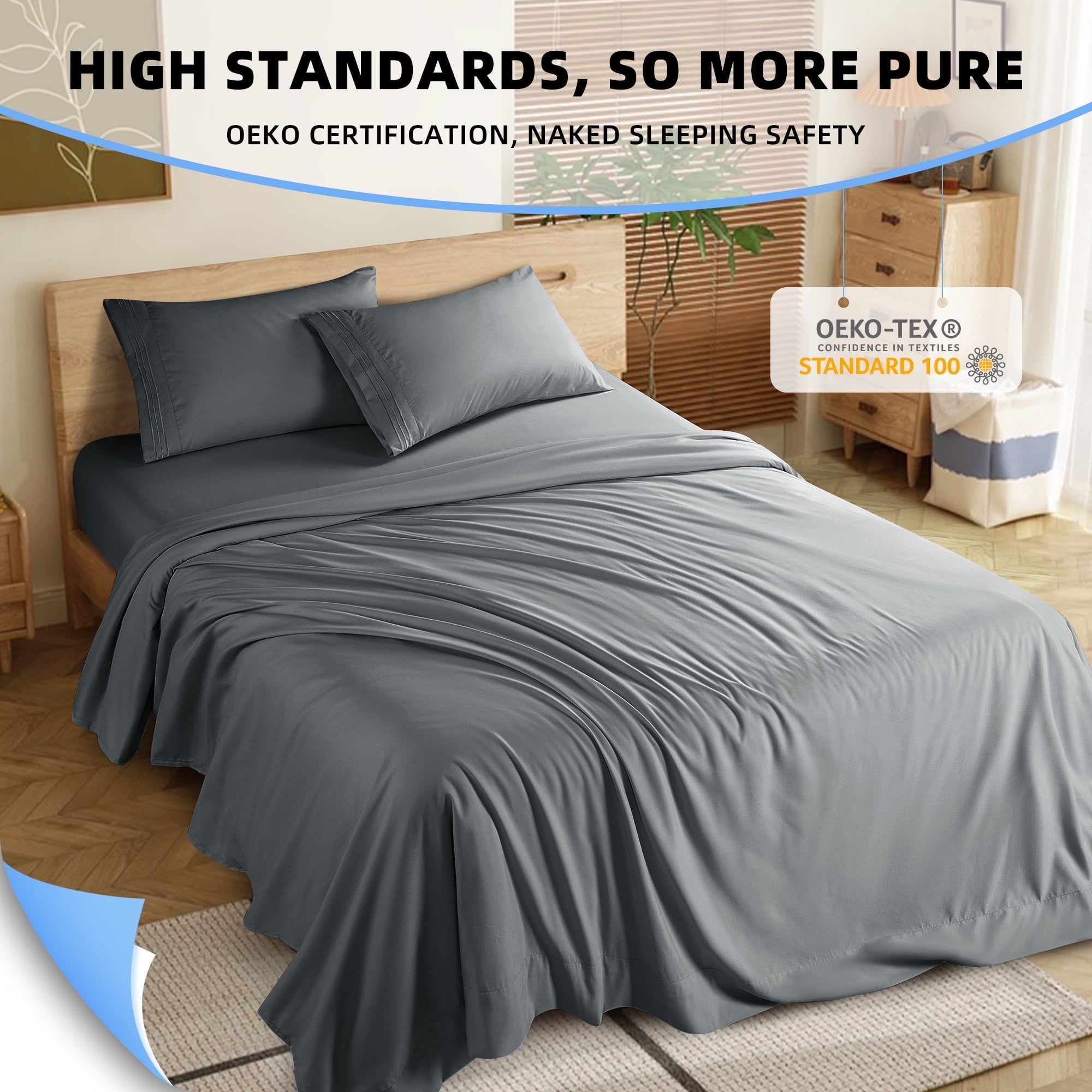 Shilucheng 4 Pieces Luxury Bed Sheets Set, 1800 Series Plush Microfiber Bed Sheets, 16" Deep Pocket, Queen, Dark Gray - Image 4