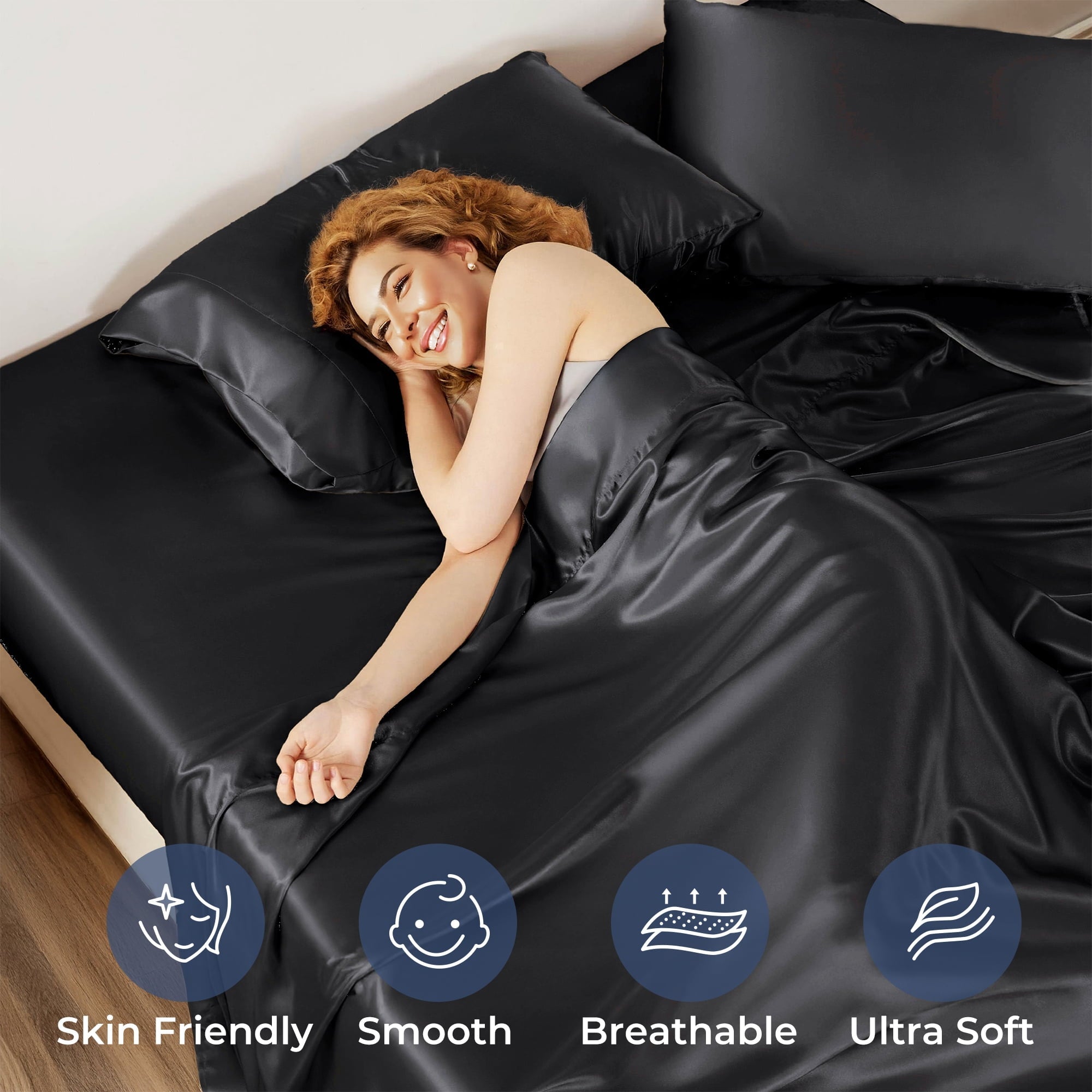 Set, Queen, Silky Bed s, 4 Pieces,Black - Image 2